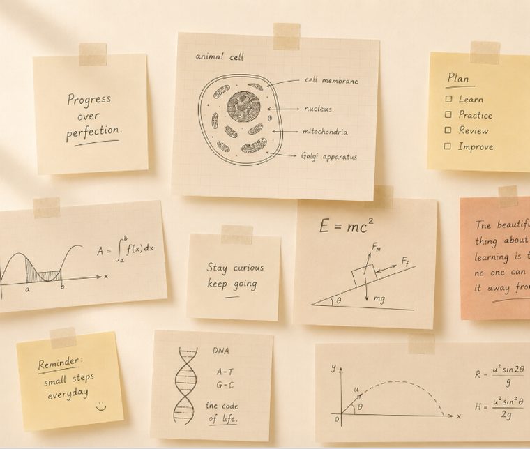 Handwritten study notes covering physics, maths, chemistry, and biology topics